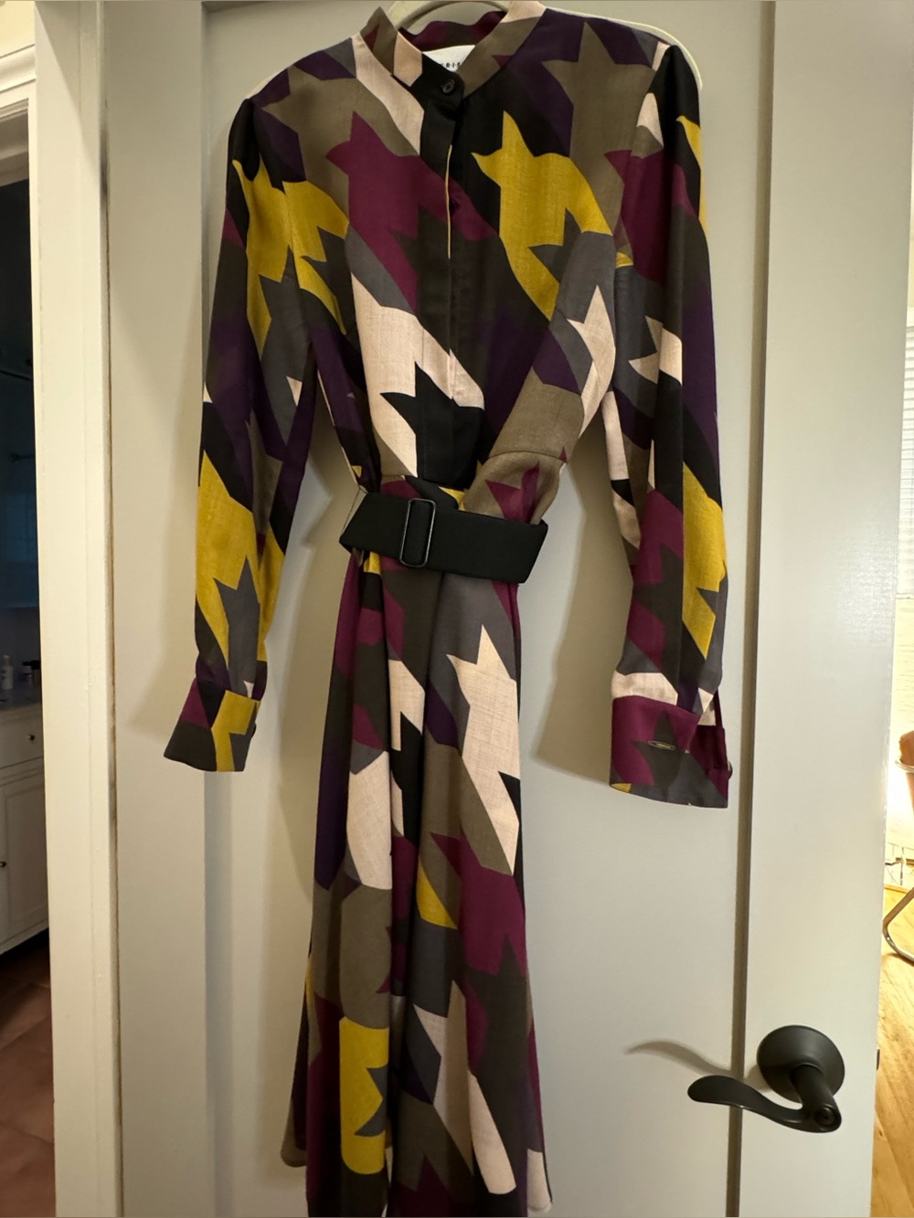 AKRIS Punto Long Sleeve Belted Dress in Plum, Mustard & Olive